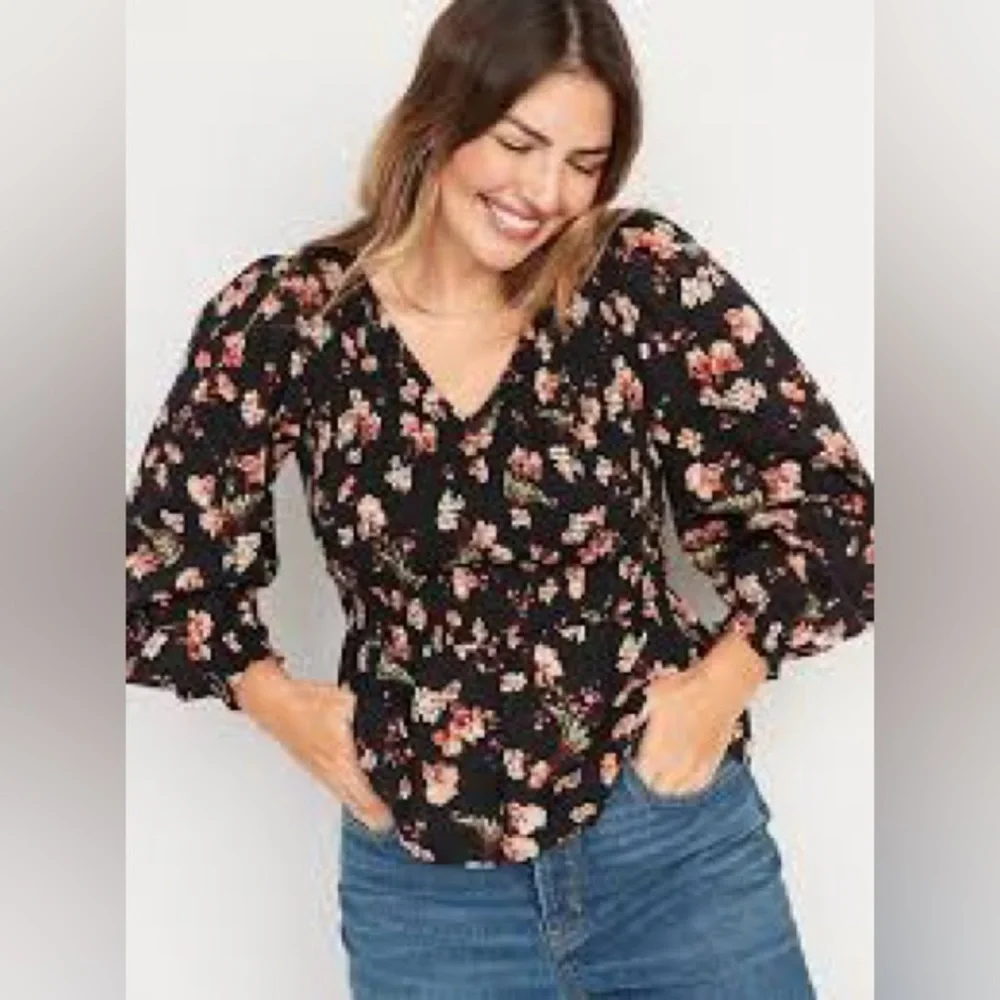 New Old Navy Floral Cotton Knit Puff Sleeve Smocked‎ Peplum Ruffle Boho Top XL